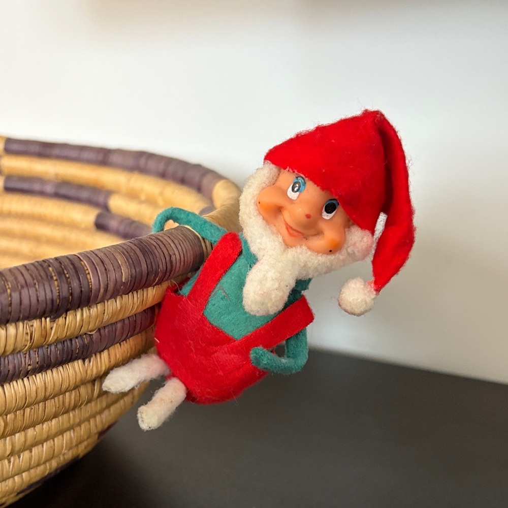 vintage knee-hugger elf Christmas collectible. Rubber face